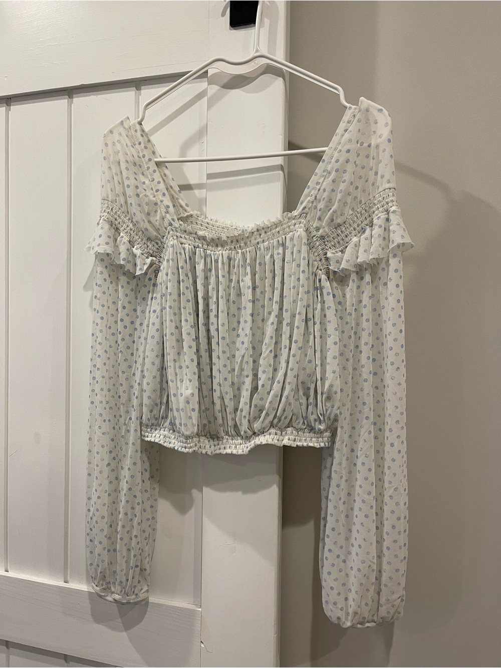 Free People Cream Blouson Off-Shoulder Cropped Polka-Dot Top